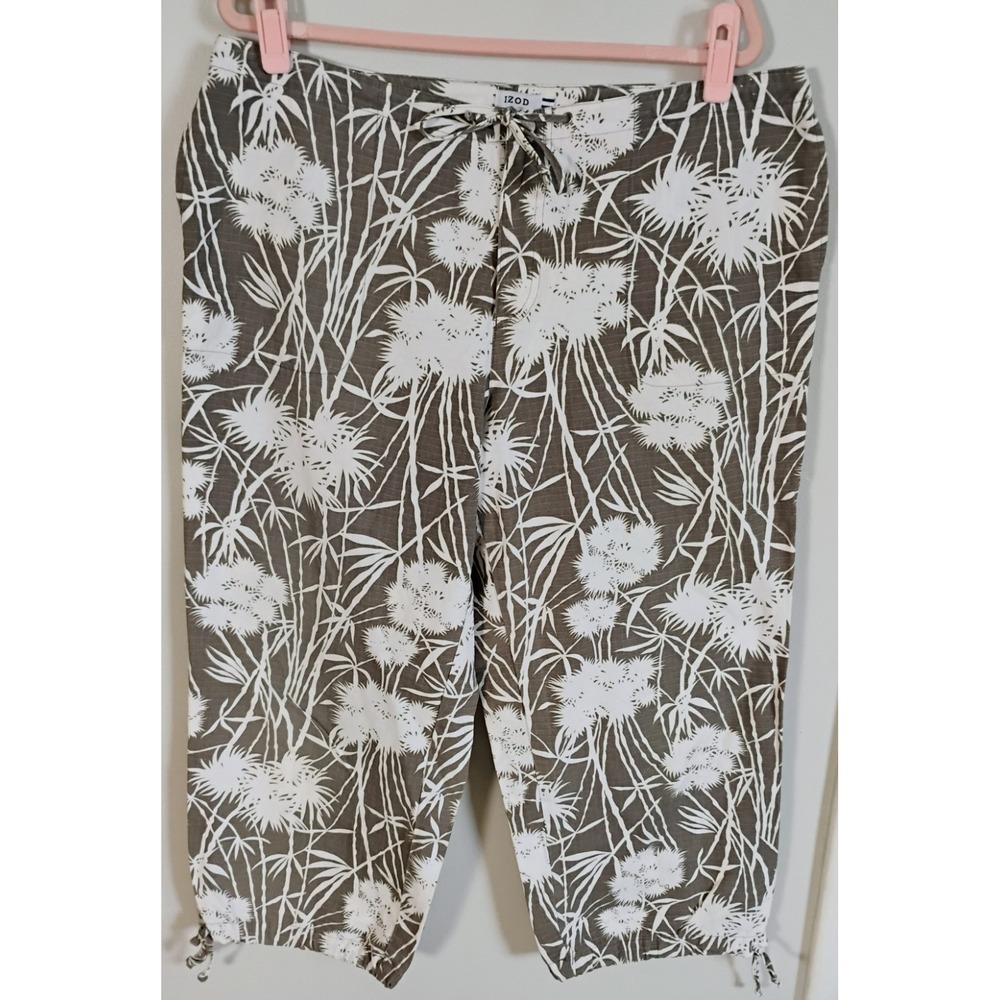 IZOD 100% Cotton Floral Cropped Pants Capris Size 16‎ Drawstring Tie Waist